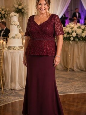 Oleg Cassini  Wine Glitter Lace Peplum Sheath Dress
